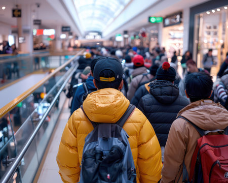 The frenzy of Black Friday Midnight Madness! Shoppers surge through store doors, eager to score unbeatable deals and steals Witness the chaos and excitement as crowds battle for bargains and discounts in a shopping mall packed with eager consumers AI Generativeの素材