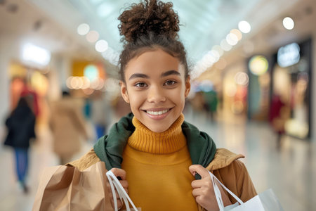 A shopper beams with delight, holding up a newly acquired purchase This image captures the essence of joyful shopping, radiating happiness and excitement It embodies the ultimate retail experience - a moment of pure satisfaction and contentment AI Generativeの素材