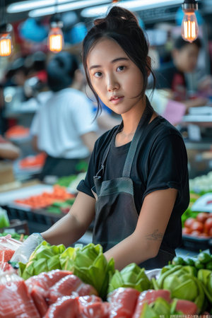 A vibrant retail scene with energetic store employees providing exceptional customer service  Employees are actively engaged, offering support and ensuring a positive shopping experience  Staff expertise is utilized effectively to maximize customer satisfaction AI Generativeの素材