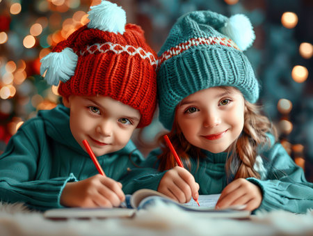Capture the magic of the holidays with these heartwarming images of children writing letters to Santa Witness the joy, anticipation, and pure innocence as little hands carefully craft their Christmas wishes  From festive decorations to  eyes filled with wonder, these photos perfectly encapsulate the spirit of the season AI Generativeの素材