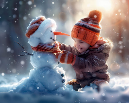 A joyful scene of children building a snowman in a snowy landscape They are bundled up in warm winter clothing, laughing and having fun as they create their frosty friend The photo evokes the magic and joy of winter, capturing the simple pleasures of childhood AI Generativeの素材
