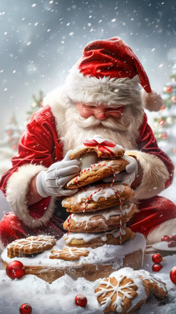 Capture the heartwarming tradition of leaving cookies and milk for Santa Claus! This charming photostock offers a delightful collection of images showcasing children&#39;s anticipation, Santa&#39;s arrival, and the magical moments that make Christmas truly special  Perfect for holiday-themed projects, greeting cards, and festive decorations AI Generativeの素材