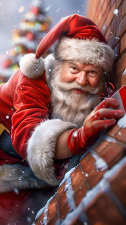 A jolly Santa Claus, laden with gifts, descends a snow-filled chimney, bringing holiday magic to life This classic Christmas scene captures the joy of gift-giving and the wonder of the season  Celebrate the festive tradition with this enchanting winter wonderland image AI Generativeの素材
