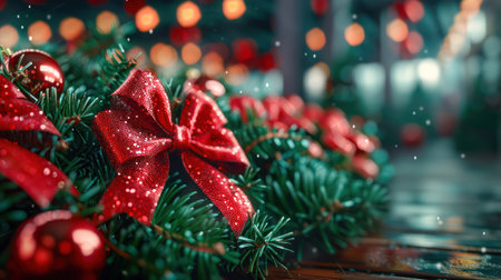 A classic Christmas garland adorned with vibrant red bows adds a festive touch to your home decor This traditional and elegant decoration creates a warm and inviting ambiance, perfect for celebrating the holiday season Enhance your home with this timeless garland, featuring lush greenery and striking red bows AI Generativeの素材