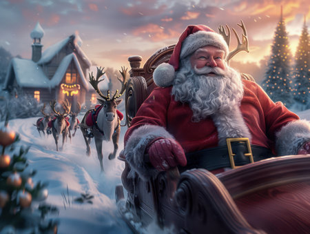 Capture the magic of Christmas Eve with these enchanting images! Santa and his reindeer are ready for takeoff, their faces lit with anticipation These festive photos will bring holiday cheer and winter wonderland joy to your projects Perfect for Christmas cards, social media, and more AI Generativeの素材
