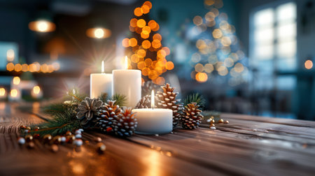 A festive table centerpiece radiates warmth and elegance with flickering candles, rustic pinecones, and a touch of holiday sparkle Perfect for Christmas gatherings, winter celebrations, or simply adding a touch of cozy ambiance to your home decor AI Generativeの素材