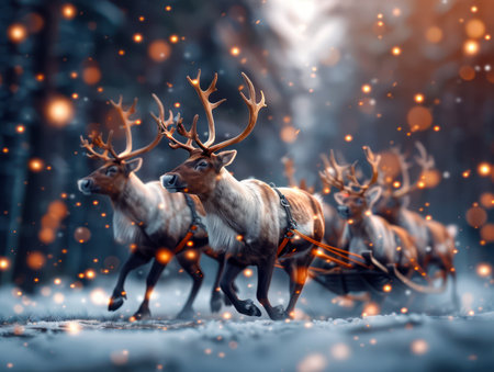 A magical Christmas Eve unfolds as Santa&#39;s sleigh, pulled by reindeer, soars through a snowy wonderland Festive cheer fills the air, illuminated by wondrous lights Joyful spirits dance in the sky, capturing the magic of this special night AI Generativeの素材