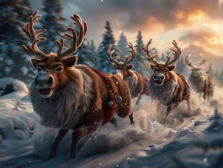 A magical Christmas Eve unfolds as Santa and his reindeer prepare for takeoff  The sleigh is ready, the reindeer are eager, and the night sky sparkles with anticipation  Experience the enchantment of this family-friendly adventure as Santa embarks on his journey to deliver holiday cheer AI Generativeの素材