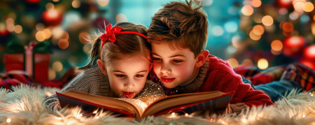 Capture the magic of Christmas Eve with heartwarming images of families gathered around, sharing the joy of &quot;The Night Before Christmas&quot;  These timeless photos showcase the cherished tradition of reading aloud, creating lasting memories, and fostering family bonding through the magic of seasonal storytelling and holiday spirit AI Generativeの素材