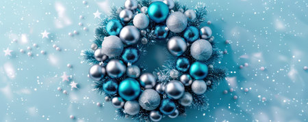 A stunning Hanukkah wreath adorned with shimmering blue and silver ornaments This festive holiday decor features a classic wreath design with a modern twist, creating a beautiful and stylish centerpiece for your home during the Festival of Lights  Celebrate the joy of Hanukkah with this elegant and eye-catching wreath AI Generativeの素材