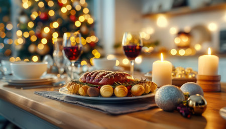 Capture the warmth and joy of Hanukkah with this beautifully set dinner table Festive lights twinkle over delicious holiday dishes, while elegant decor creates a memorable gathering space Perfect for inspiration for your own Hanukkah celebration AI Generativeの素材