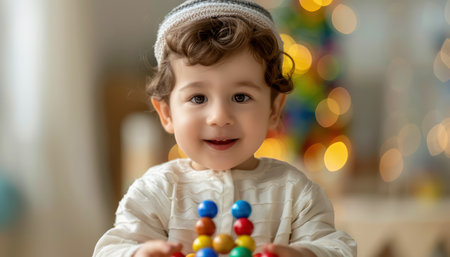 A child&#39;s eyes sparkle with joy as they spin a dreidel, bathed in the warm glow of Hanukkah candles This heartwarming image captures the essence of the festival, filled with family, tradition, and the pure delight of celebration The soft lighting evokes a sense of intimacy and cherished memories AI Generativeの素材