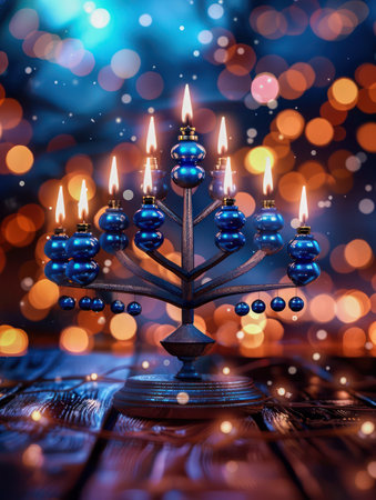 A rustic wooden table adorned with a glowing Hanukkah menorah creates a warm and inviting ambiance  The flickering candles cast a gentle light, celebrating the festival of lights with cozy charm This image captures the essence of a memorable Hanukkah celebration, perfect for evoking festive spirit and cherished traditions AI Generativeの素材