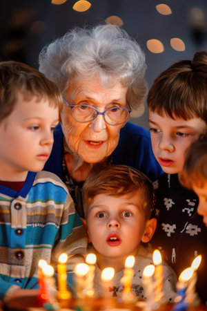 A grandmother shares heartwarming Hanukkah stories with her grandchildren during a festive celebration  The scene captures the essence of family bonding, cherished traditions, and the passing down of cultural heritage  Warmth, laughter, and the glow of the menorah illuminate the joyous occasion AI Generativeの素材