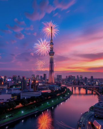 Welcome the New Year with this breathtaking panorama A vibrant fireworks display explodes over a bustling cityscape, illuminating the night sky in a kaleidoscope of colors Capture the celebratory energy of [city celebration] with this stunning New Year&#39;s Day image AI Generativeの素材