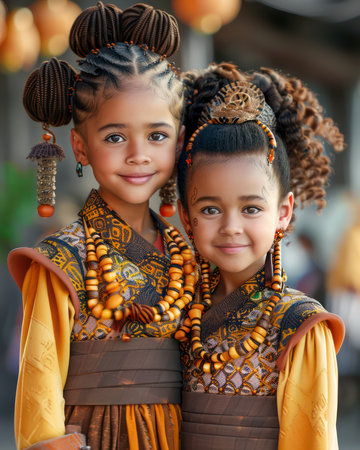 Celebrate Black History Month with vibrant images of African American children adorned in traditional clothing! This collection captures the beauty and diversity of African heritage, inspiring cultural pride and understanding  Showcase the richness of Black fashion, history, and traditions through these captivating photographs AI Generativeの素材