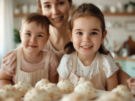 A heartwarming photo of a mother and child baking a cake together Flour dusted smiles, shared laughter, and the sweet scent of baking fill the air This heartwarming scene captures the joy and love of celebrating Mother&#39;s Day with a delicious recipe and unforgettable memories AI Generativeの素材