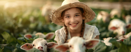 A heartwarming image celebrating Women&#39;s Day with a compassionate female farmer tending to animals on a lush farm  This photo embodies the strength, dedication, and love that women bring to agriculture, animal husbandry, and community well-being  A powerful reminder of the vital role women play in shaping a sustainable future AI Generativeの素材