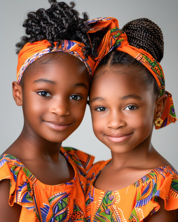 Captivating images of African American children adorned in vibrant traditional clothing celebrate Black History Month The photos showcase the rich cultural pride and heritage of the Black community, embodying timeless traditions through stunning imagery AI Generativeの素材