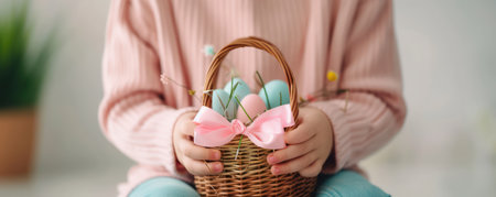 A close-up shot of hands meticulously tying a ribbon on an Easter basket The image captures the essence of spring and joyful gift-giving, highlighting the delicate details of Easter basket preparation This photo evokes a sense of anticipation and celebration, perfect for showcasing creative Easter gift ideas AI Generativeの素材
