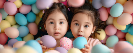 Children&#39;s faces light up with delight as they open colorful Easter eggs filled with tiny toys This heartwarming image captures the joy and excitement of Easter traditions, with families celebrating together and creating lasting memories AI Generativeの素材