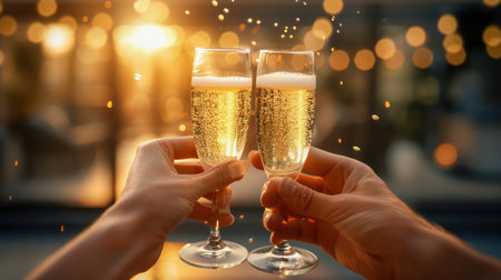 A joyous wedding celebration captured in this image The newlywed couple raises their champagne flutes in a toast, their smiles radiant with love and happiness The sparkling champagne adds to the festive atmosphere, creating a magical moment for the couple and their guests AI Generativeの素材