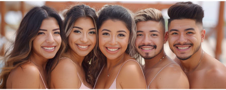 Celebrate love and happiness with joyful wedding photos! Capture the laughter and joy as the bridal party poses with the bride and groom, creating lasting memories and beautiful moments This photostock offers precious moments of love and celebration AI Generativeの素材