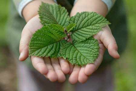 Close-up of hands cradling vibrant green leaves, symbolizing the celebration of Earth Day A powerful image highlighting the importance of nurturing nature through personal connection and environmental stewardship Let&#39;s work together to create a sustainable future AI Generativeの素材