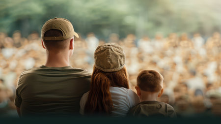 A heartwarming family, their faces beaming with pride and respect, enjoys a vibrant Memorial Day concert The atmosphere is electric with patriotism and gratitude, a testament to the sacrifices made for our freedom This poignant image captures the spirit of unity and remembrance on this special day AI Generativeの素材