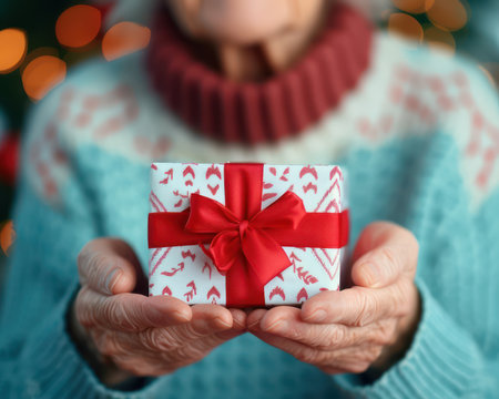 A close-up shot captures a mother&#39;s pure joy as she unwraps a gift on Mother&#39;s Day Her eyes sparkle with delight and her smile radiates genuine happiness This heartwarming image portrays the unbreakable bond between a mother and her loved ones, a cherished moment of love and gratitude AI Generativeの素材
