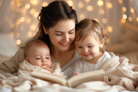 This heartwarming bedtime story celebrates Women&#39;s Day with a gentle touch A loving woman reads to children, her voice radiating warmth and care Each page evokes the essence of nurturing love, inspiring young hearts and leaving smiles behind AI Generativeの素材