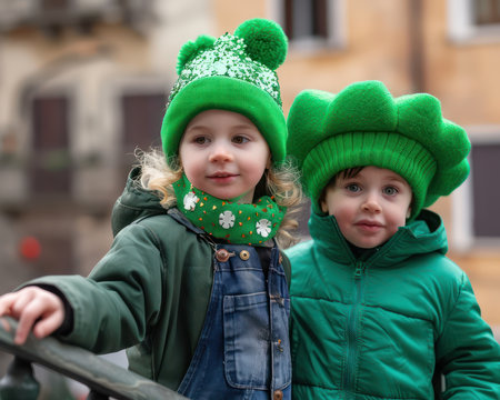 A joyous family revels in the vibrant energy of St Patrick&#39;s Day from their balcony Green hats and costumes bob in the crowd below, while shamrock decorations adorn their festive space Cheerful laughter and the roar of the parade fill the air, creating a picture of pure holiday excitement AI Generativeの素材