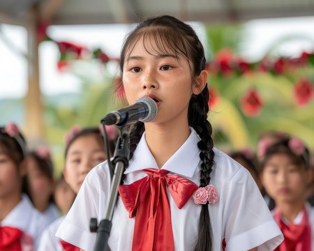 A heartwarming scene of students expressing gratitude for their beloved teacher on Teacher&#39;s Day The photo captures the vibrant energy of their musical performance, showcasing talent and dedication, as they sing a special song filled with appreciation and love AI Generativeの素材
