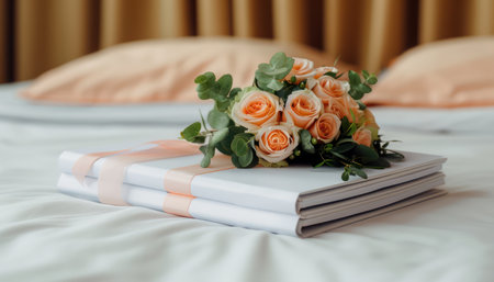 A beautifully decorated table showcasing wedding photos, a guest book, and delicate wedding mementos Perfect for capturing cherished memories and showcasing the celebration The table exudes elegance and warmth, offering a touching tribute to the newlyweds&#39; special day AI Generativeの素材