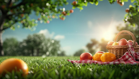 A heartwarming scene of a family enjoying a spring picnic in a picturesque park Freshly prepared homemade dishes, vibrant green grass, and blooming flowers create a joyful atmosphere  Laughter and shared moments fill the air, creating a perfect springtime memory AI Generativeの素材