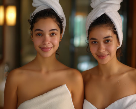 A mother and daughter bond during a relaxing home spa day They are pampering themselves with face masks, cucumber slices on their eyes, and fluffy robes This photo captures the joy and relaxation of a special Mother&#39;s Day celebration AI Generativeの素材
