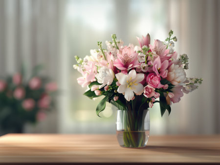 A vibrant bouquet of fresh spring flowers adorns a table, bringing a burst of color and life to any space Perfect for home interiors, offices, or special occasions, these cheerful blooms are a celebration of the season  Enjoy the beauty of nature indoors with this delightful arrangement AI Generativeの素材