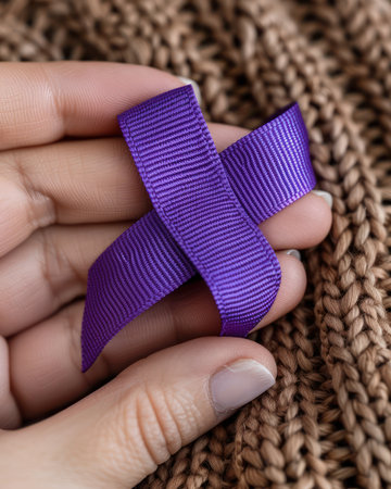 A close-up shot of a purple ribbon pinned to clothing, a powerful symbol of support for World Cancer Day The vibrant purple ribbon stands out, signifying hope, awareness, and unity in the fight against cancer This image serves as a reminder to embrace the cause and spread awareness globally AI Generativeの素材