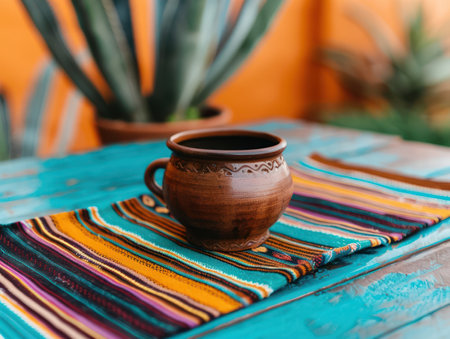 A vibrant Cinco de Mayo tablescape bursts with color and tradition A colorful tablecloth complements hand-painted Mexican pottery, while decorative centerpieces add a festive touch The authentic table setting embodies the spirit of the holiday, creating a welcoming and celebratory atmosphere AI Generativeの素材