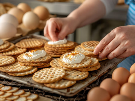 This captivating image captures the essence of Passover tradition A woman, hands dusted with flour, meticulously prepares a delectable dessert, embodying the spirit of festive culinary creativity The photograph evokes warmth, family, and the joy of sharing special moments during this cherished holiday AI Generativeの素材