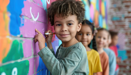 A vibrant classroom mural, bursting with color and creativity, comes to life as students collaborate to create a heartwarming tribute to their beloved teacher on Teacher&#39;s Day This collaborative project celebrates artistic expression, appreciation, and the power of education AI Generativeの素材