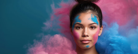 A woman radiates joy as she celebrates Holi, her hair and face adorned with vibrant powder The colorful pigments symbolize the festival's spirit of renewal and happiness This captivating image captures the beauty and ritualistic essence of this traditional Indian celebration, offering a vibrant and festive inspiration AI Generativeの素材