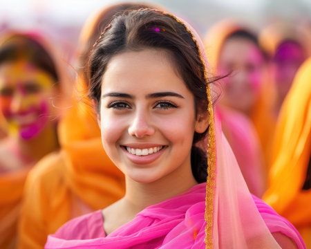 A vibrant celebration of Holi captured in stunning photography A group of women in traditional sarees, adorned with colorful powders, share laughter and joy The image embodies the cultural richness and festive spirit of Holi, making it perfect for celebrations and festivals AI Generativeの素材