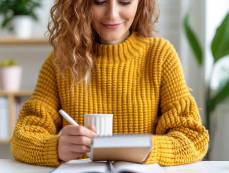 A woman thoughtfully writes a book review in a notebook on World Book Day  Sunlight streams in, highlighting the vibrant colors of the book&#39;s cover This image celebrates the joy of reading, sharing insights and recommendations, and inspiring others to explore the world of literature AI Generativeの素材