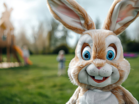 A fluffy Easter Bunny mascot greets children with joyful smiles at a park filled with festive fun Families enjoy Easter activities, creating cherished memories The bunny&#39;s presence adds a touch of magic to the celebration, making this a truly special springtime event AI Generativeの素材