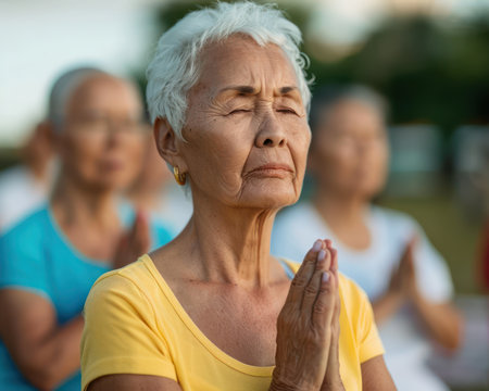 A group of vibrant seniors engage in gentle exercises in a sun-drenched park on World Health Day They celebrate elder fitness with outdoor activities, promoting well-being and longevity This image captures the joy of movement, connection, and healthy aging AI Generativeの素材