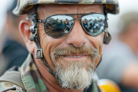 A powerful display of patriotism and camaraderie! Veterans proudly ride motorcycles in a Memorial Day parade, showcasing their unwavering support for those who sacrificed all  The parade honors fallen heroes and symbolizes the enduring unity of the veteran community AI Generativeの素材