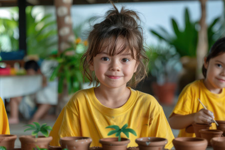 A vibrant celebration of Cinco de Mayo unfolds as children paint clay pots with traditional Mexican designs This photo captures the joy of learning about Mexican pottery techniques and patterns, making it a perfect addition to any collection featuring family fun, crafts, and cultural exploration AI Generativeの素材