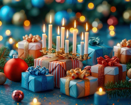 A warm and inviting Hanukkah scene with a glowing menorah surrounded by gifts  Celebrate the Festival of Lights with this beautiful image capturing the spirit of generosity and festive cheer Perfect for holiday marketing, greeting cards, and more AI Generativeの素材