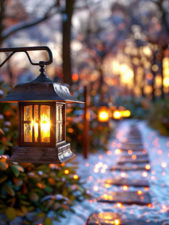 A magical scene of Hanukkah lights illuminating a snowy yard Warm, glowing lights adorn a winter wonderland, creating a festive and joyful atmosphere Celebrate the beauty of the winter holiday season with these stunning decorations AI Generativeの素材